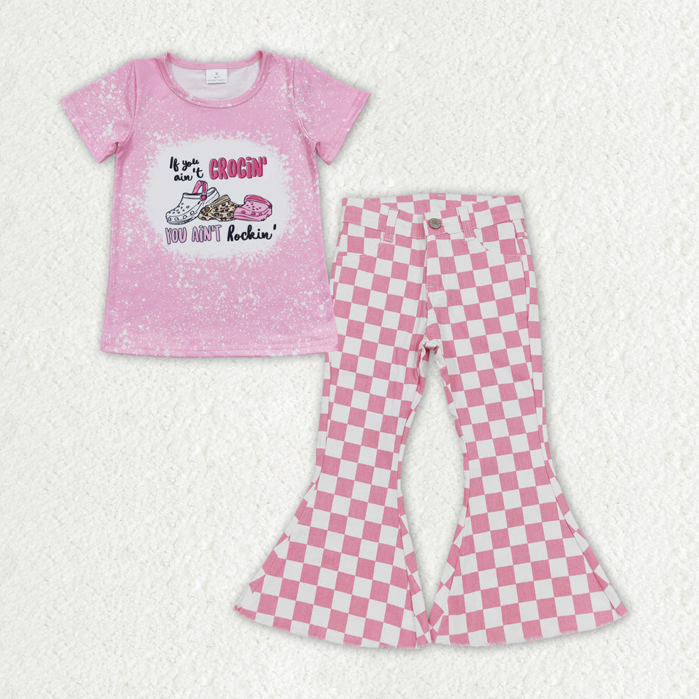baby girls shoes shirt pink checkered jeans bell bottoms