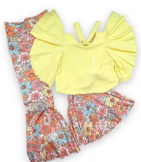 wholesale girls yellow top floral bell bottoms outfit preorder