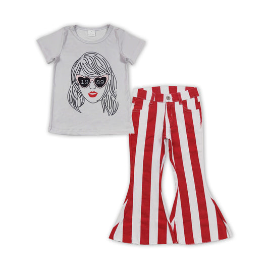 country music singer shirt red stripes jeans bell bottoms