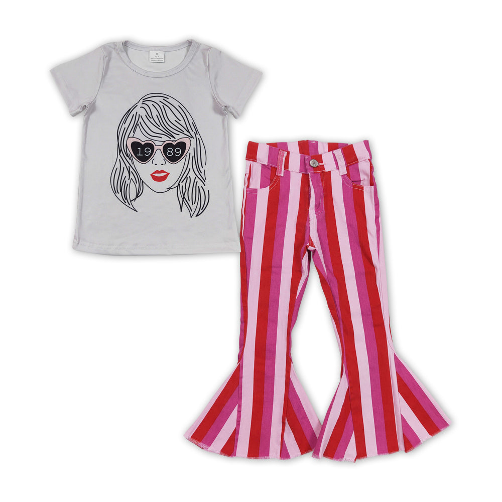 counrty music singer shirt hot pink stripes jeans bell bottoms outfit