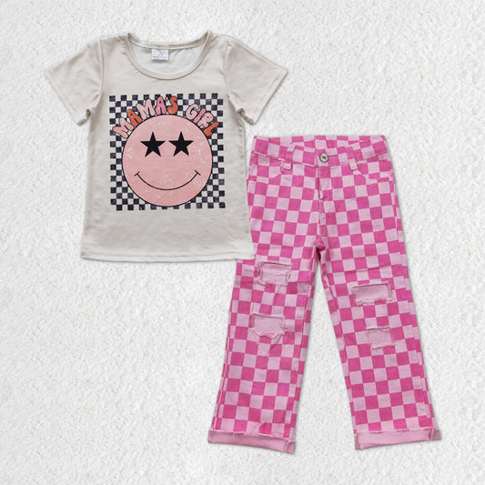smile face shirt pink checkered jeans pants outfit
