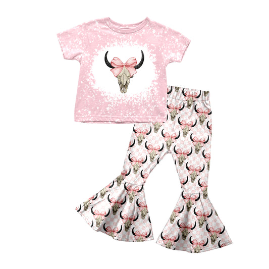 wholesale kids girls long sleeve pink checkered highland cow bell bottoms clothes preorder