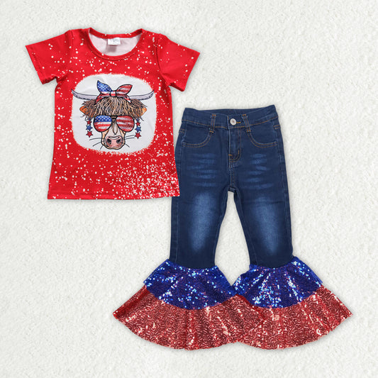 highland cow red shirt sequins ruffle jeans bell bottoms july 4th clothes