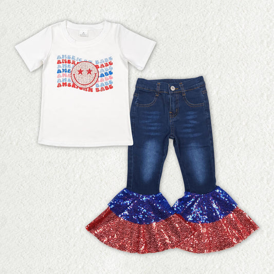 American babe shirt sequins ruffle jeans bell bottoms july 4th clothes