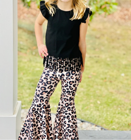 baby girl black tassel top cheetah bell bottoms clothes preorder