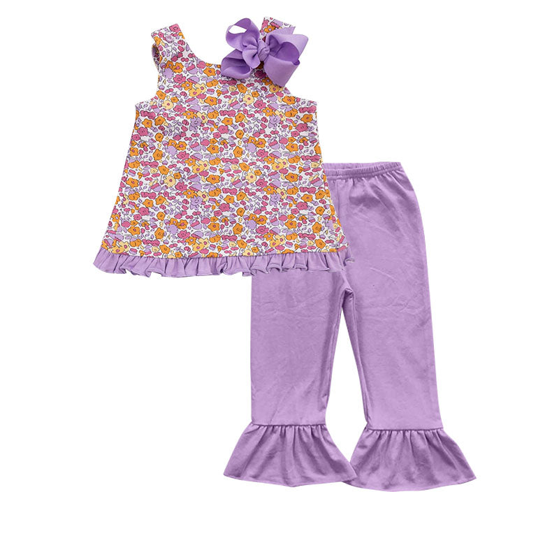 yellow purple flower print top ruffle pants wholesale boutique clothing set preorder