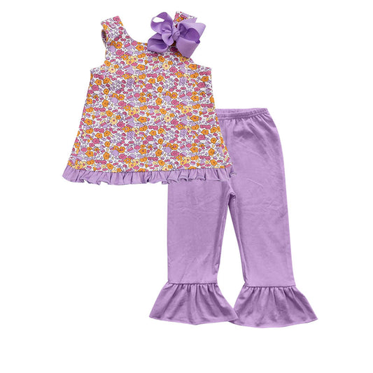 yellow purple flower print top ruffle pants wholesale boutique clothing set preorder