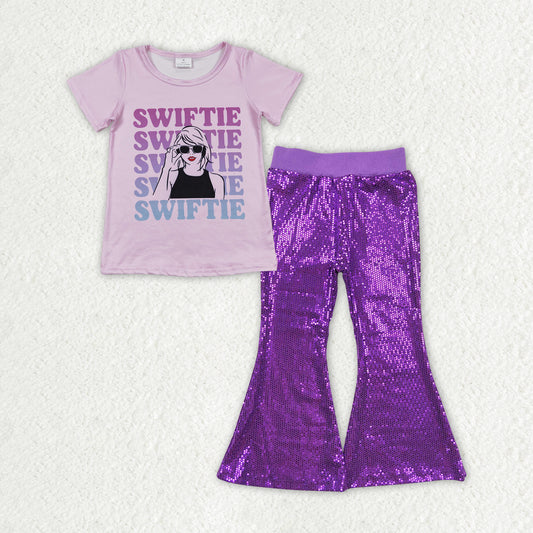 girls short sleeve music top purple sequins bell bottoms pants outfit