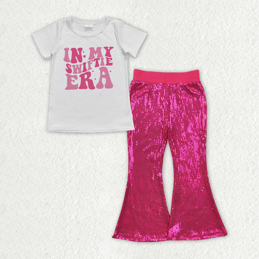 girls short sleeve music top hot pink sequins bell bottoms pants outfit