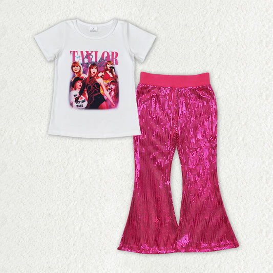 girls short sleeve music top hot pink sequins bell bottoms pants outfit