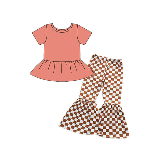 Girls coral short sleeve top checkered bell bottoms clothing set preorder