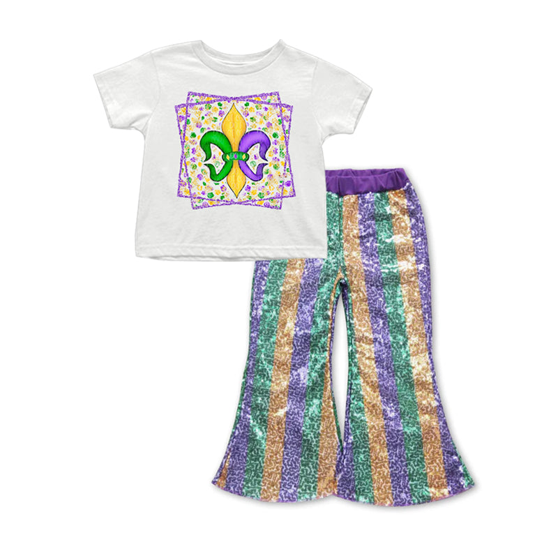 Mardi Gras short sleeve top matching sequins bell bottoms clothes set preorder