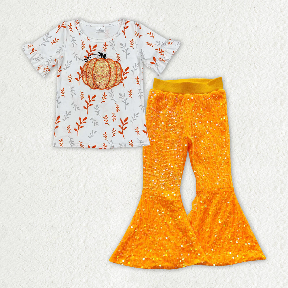 Fall pumpkin short sleeve shirt orange sequins bell bottoms outfit