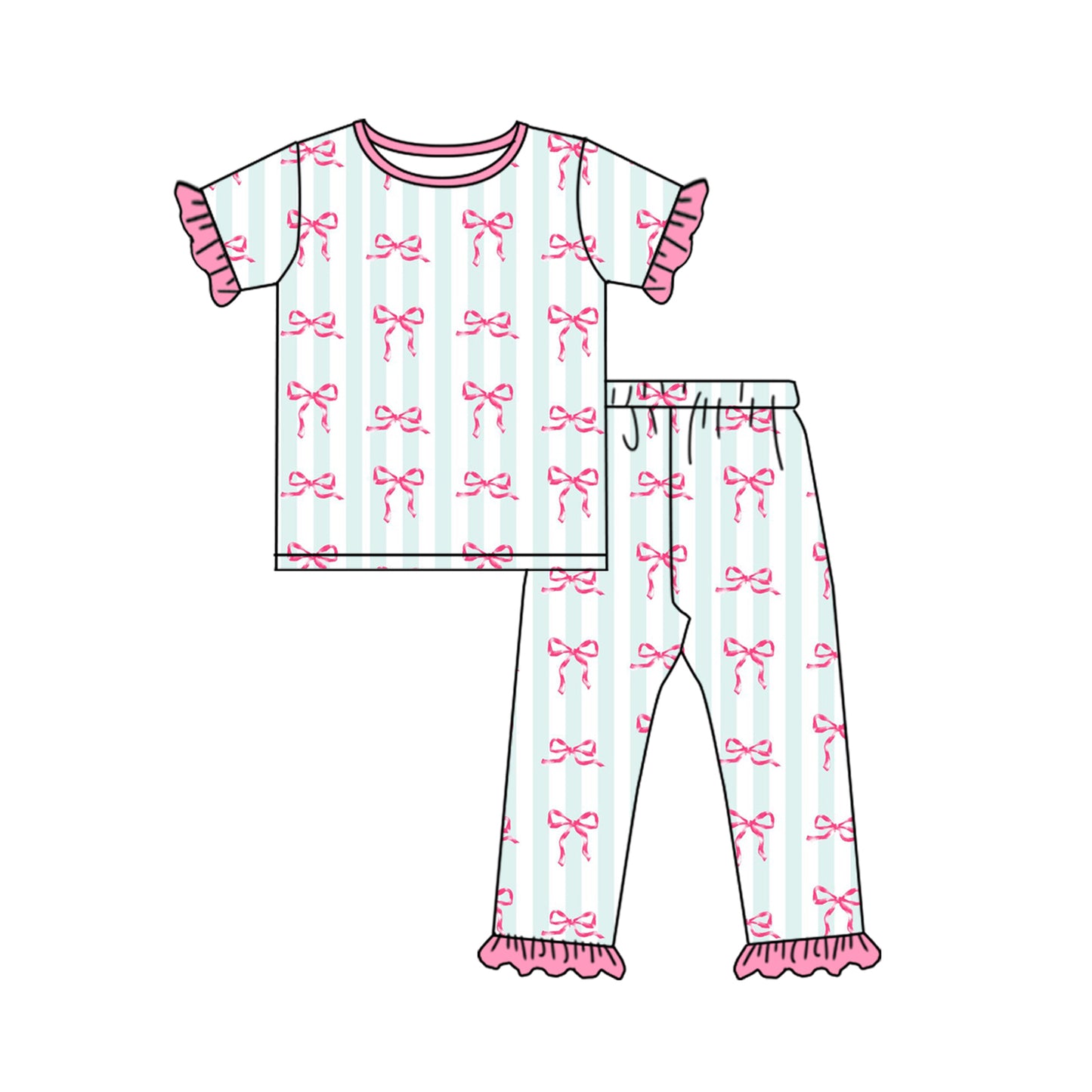 Pink bow stripes short sleeve girls matching pants clothes preorder