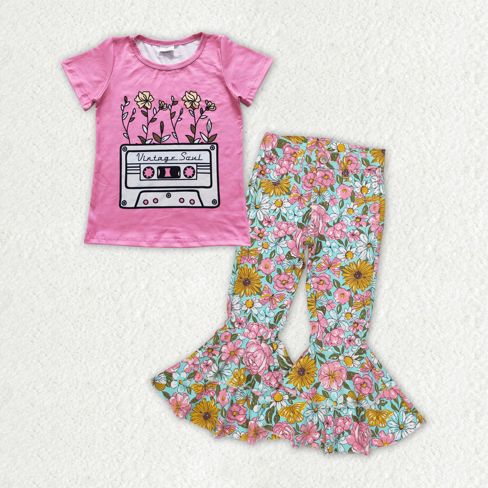 Girls tape flower top matching jeans pants outfit