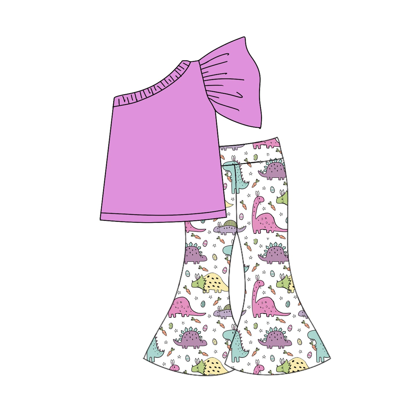 Lavender one shoulder top dino bell bottoms baby girls outfit preorder