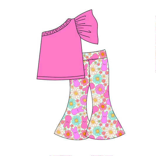 Easter bunny one shoulder top bell bottoms kids baby girls outfit preorder
