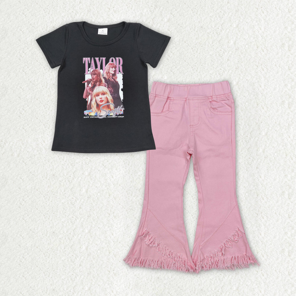 Music singer top pink  jeans bell bottoms outfit