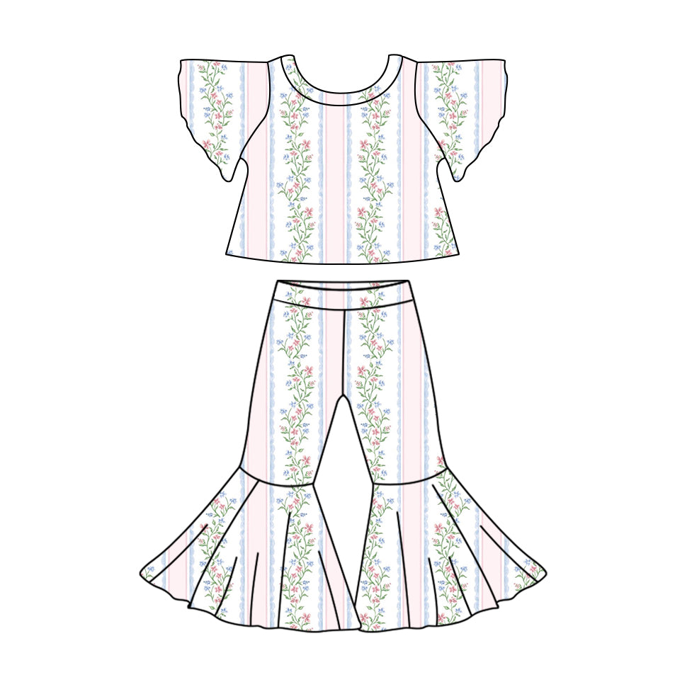 Toddle baby girls floral stripes print clothes set preorder