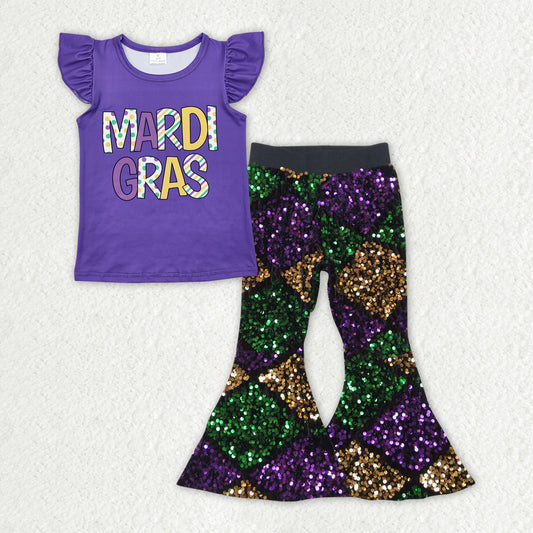 Mardi Gras short sleeve top  sequins bell bottoms clothes set preorder