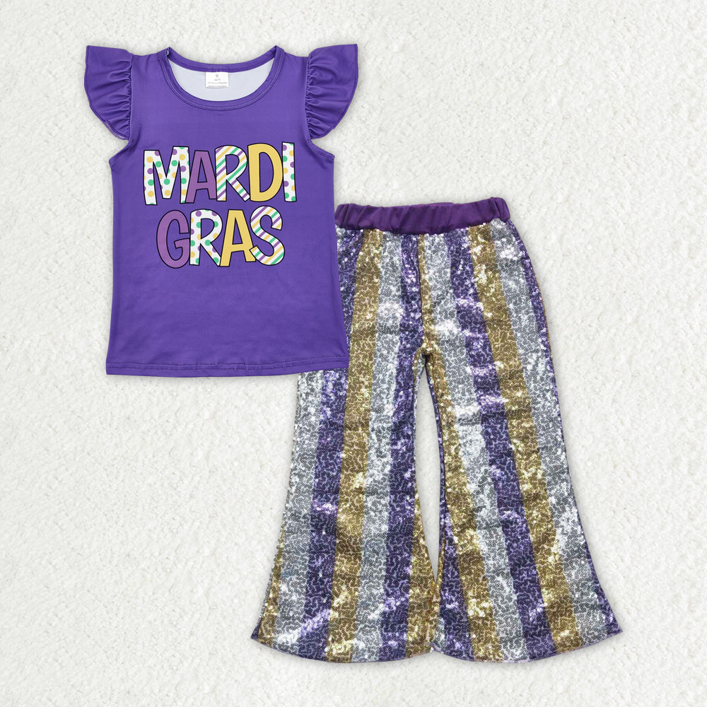 Mardi Gras short sleeve top  sequins bell bottoms clothes set preorder