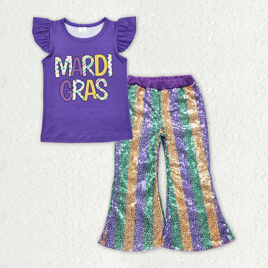 Mardi Gras short sleeve top  sequins bell bottoms clothes set preorder