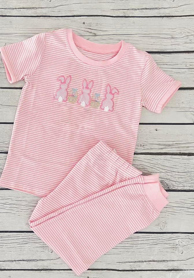 Easter bunny pink stripes baby girls outfit preorder