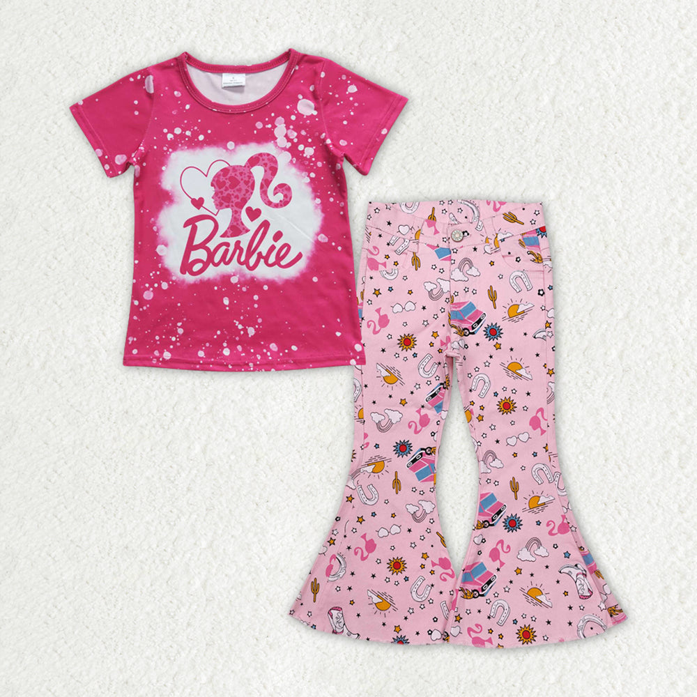 Baby girl short sleeve hot pink barbie top matching jeans pants outfit