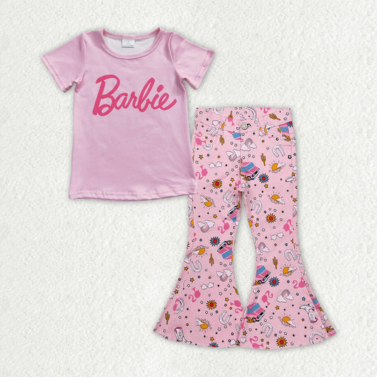 Baby girl short sleeve pink barbie top matching jeans pants outfit