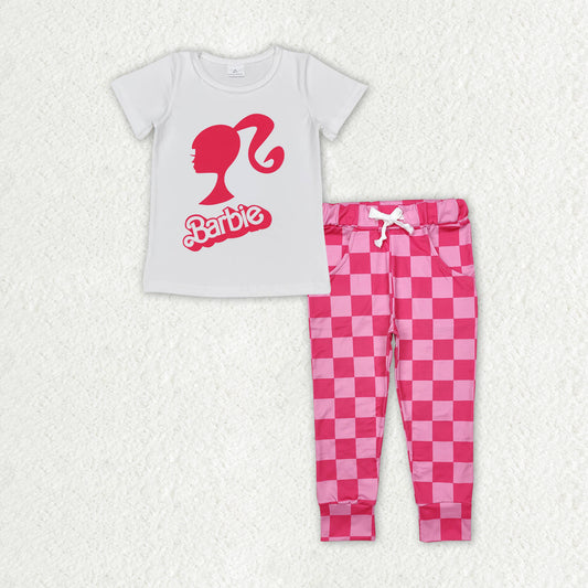 children girls short sleeve barbie top checkered pants outfit