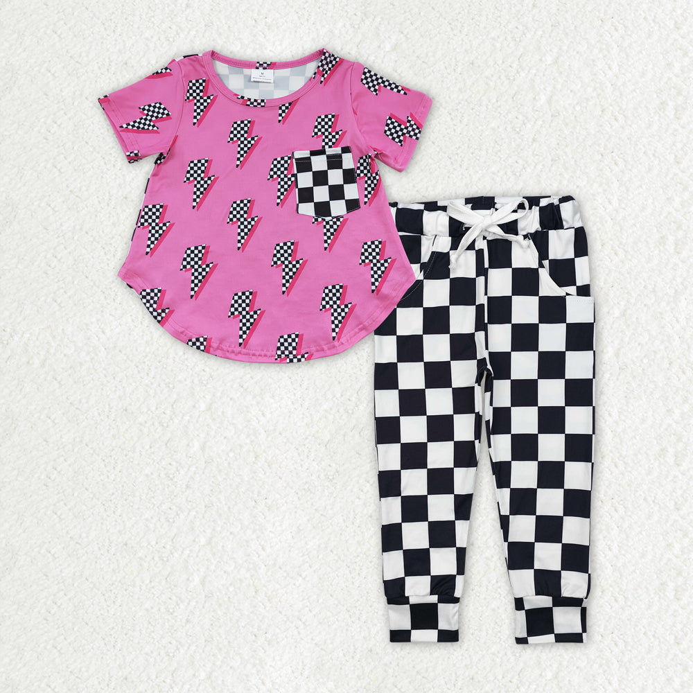 baby girl short sleeve  fresh top black checkered pants summer outfit