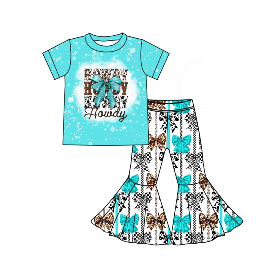 Western howdy blue cheetah bow top matching bell bottoms outfit preorder