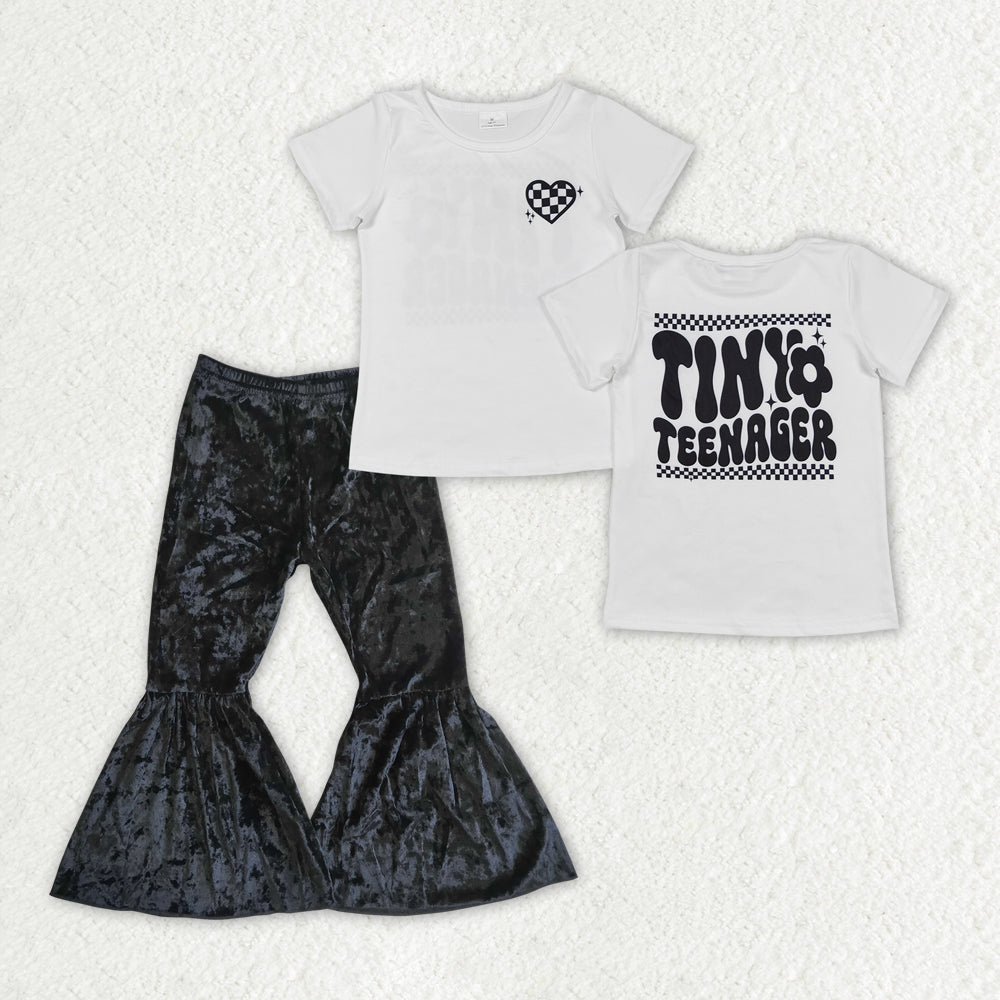Tiny teenager short sleeve shirt black velvet bell bottoms outfit