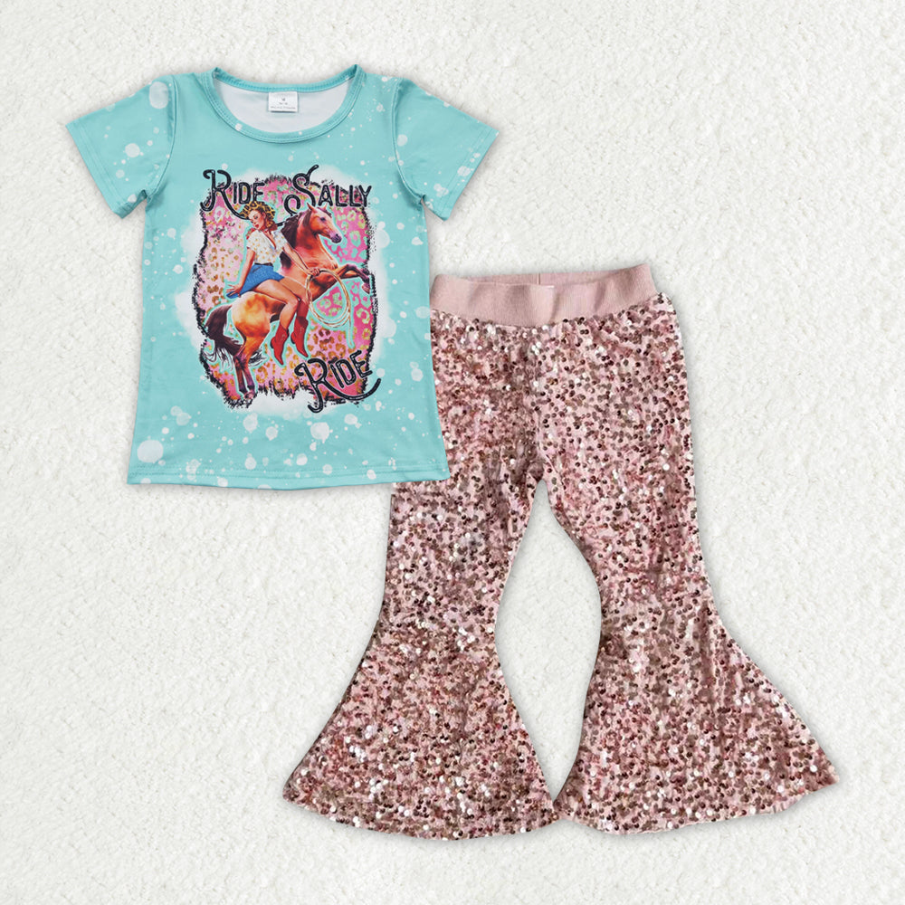 Cowgirl rodeo shirt matching sequins bell bottoms 2pcs clothing set