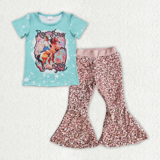 Cowgirl rodeo shirt matching sequins bell bottoms 2pcs clothing set