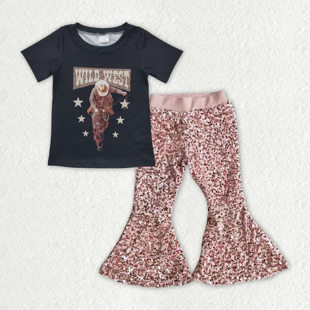 Cowgirl western shirt matching sequins bell bottoms 2pcs clothing set