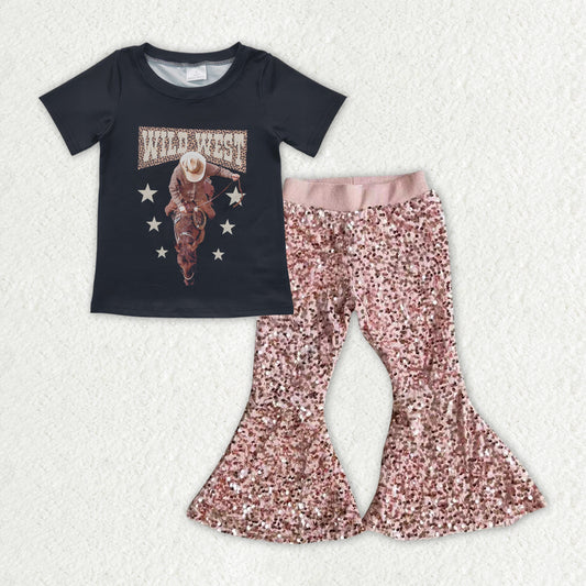 Cowgirl western shirt matching sequins bell bottoms 2pcs clothing set