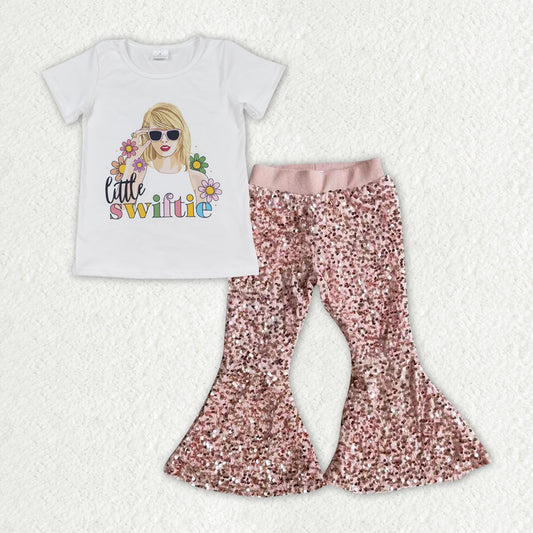 Country music singer shirt matching sequins bell bottoms 2pcs clothing set