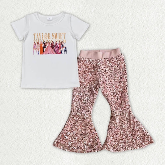 Country music singer shirt matching sequins bell bottoms 2pcs clothing set