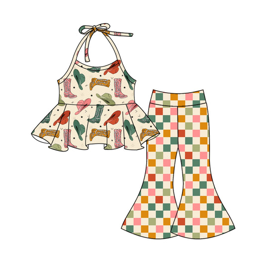 Cowgirl western boots halter top checkered bell bottom clothes set preorder