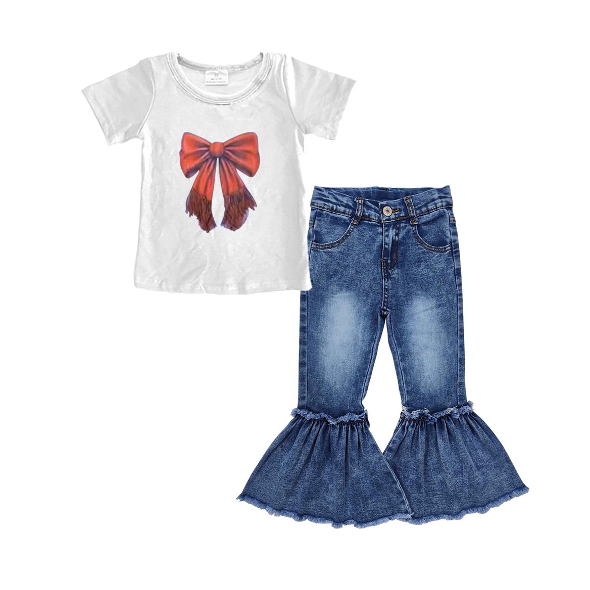 Red bow short sleeve t-shirt jeans bell bottoms clothes set preorder