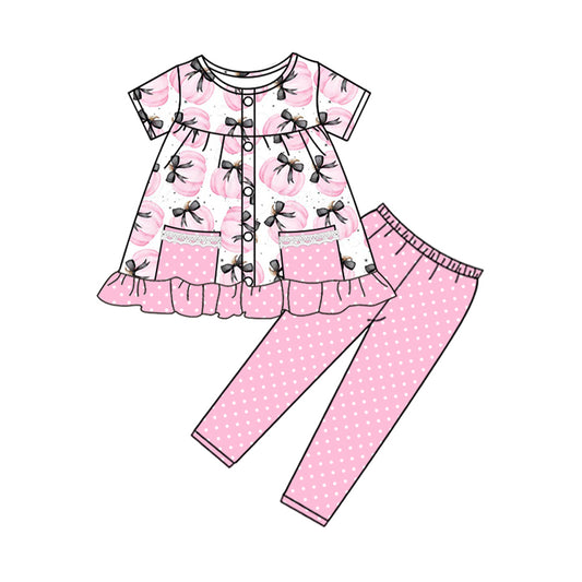 Baby girl pink pumpkin top matching dots pants outfit preorder