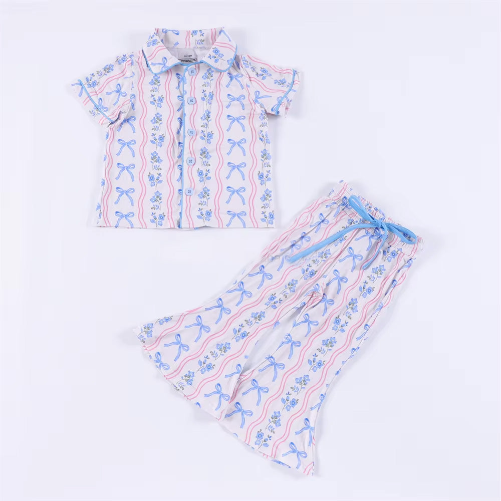 Blue bow floral girls summer outfit preorder