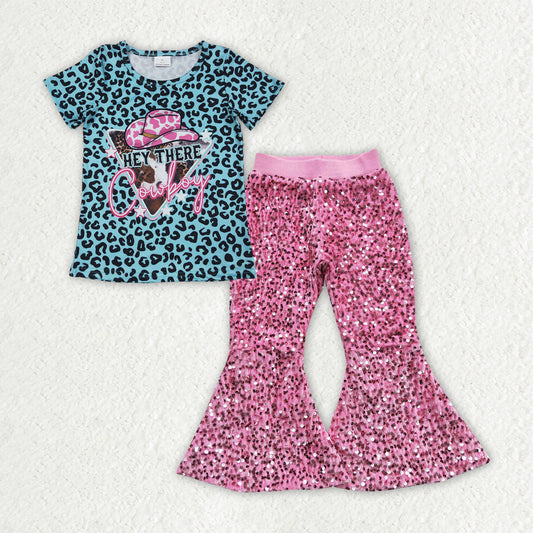 Western cowgirl short sleeve top pink sequins bell bottoms clothes set preorder