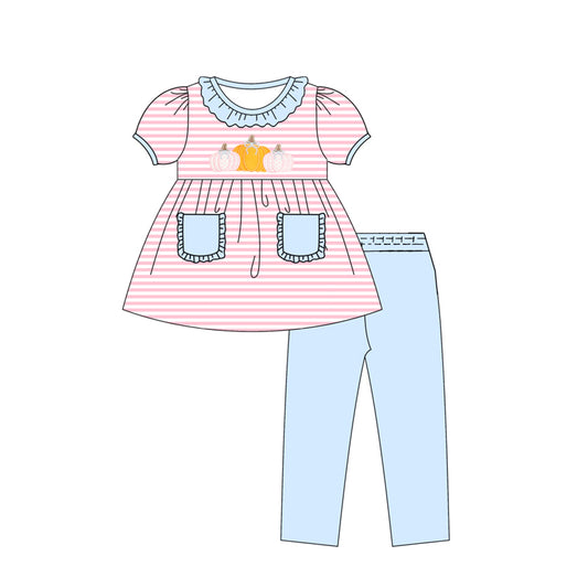 Fall pumpkins blue stripes kids girls long sleeve matching pajama set preorder