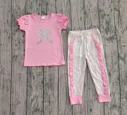 Toddle girls embroidery floral bow shirt matching pants  outfit set preorder