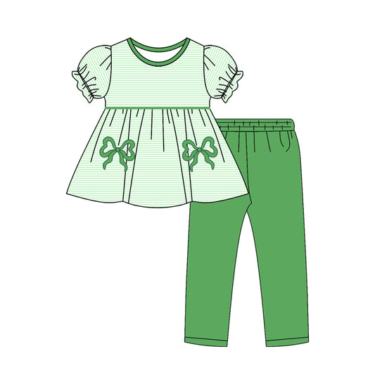 Green bow short sleeve top matching pants baby girl outfit preorder