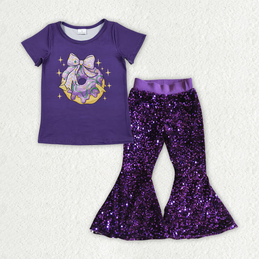 Mardi Gras t-shirt matching sequins bell bottoms 2pcs clothing set