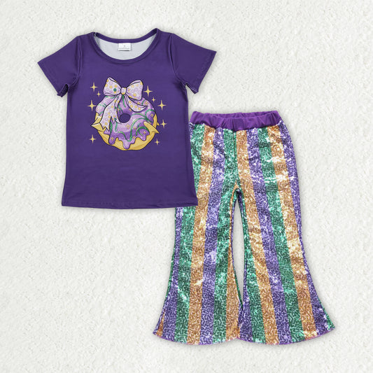 Mardi Gras t-shirt matching sequins bell bottoms 2pcs clothing set