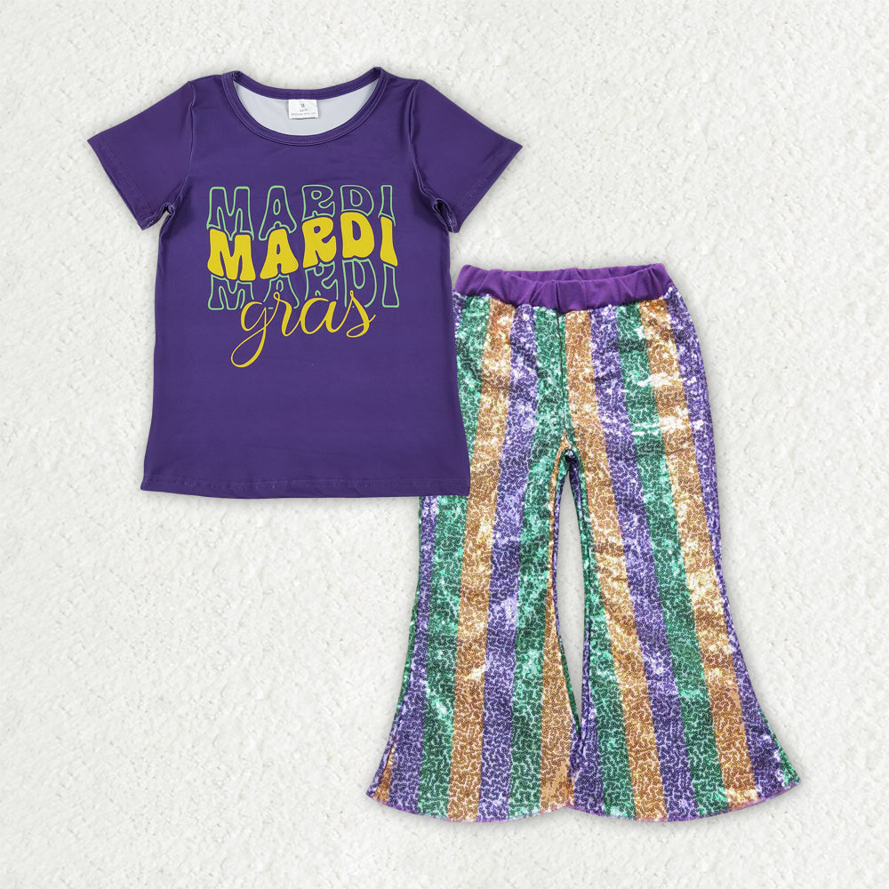 Mardi Gras t-shirt matching sequins bell bottoms 2pcs clothing set